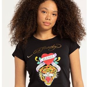 new ED HARDY women t-shirt baby tee EHW1104-2 Heart Tiger black cotton L